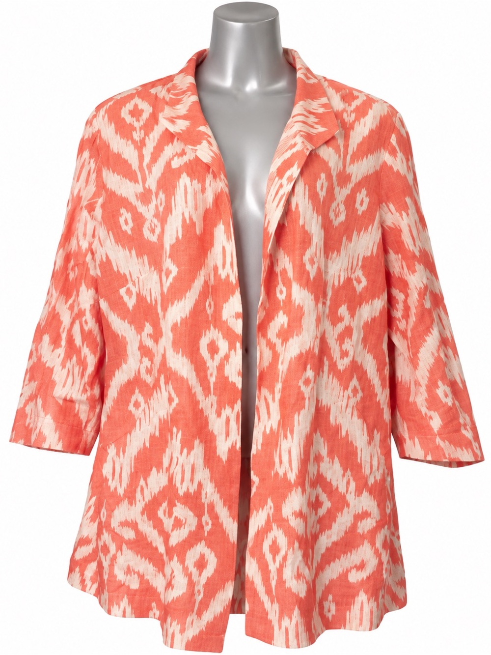 Chico's Size 3 Linen Ikat Open Front Jacket Coral White Boho Topper XL